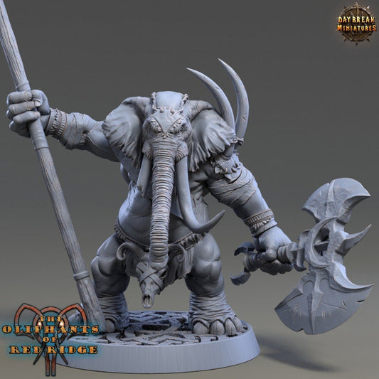Dourbe Tuskbanner | The Oliphants of Red Ridge| 3D Printed 32mm or 75mm-scale resin model by Daybreak Miniatures