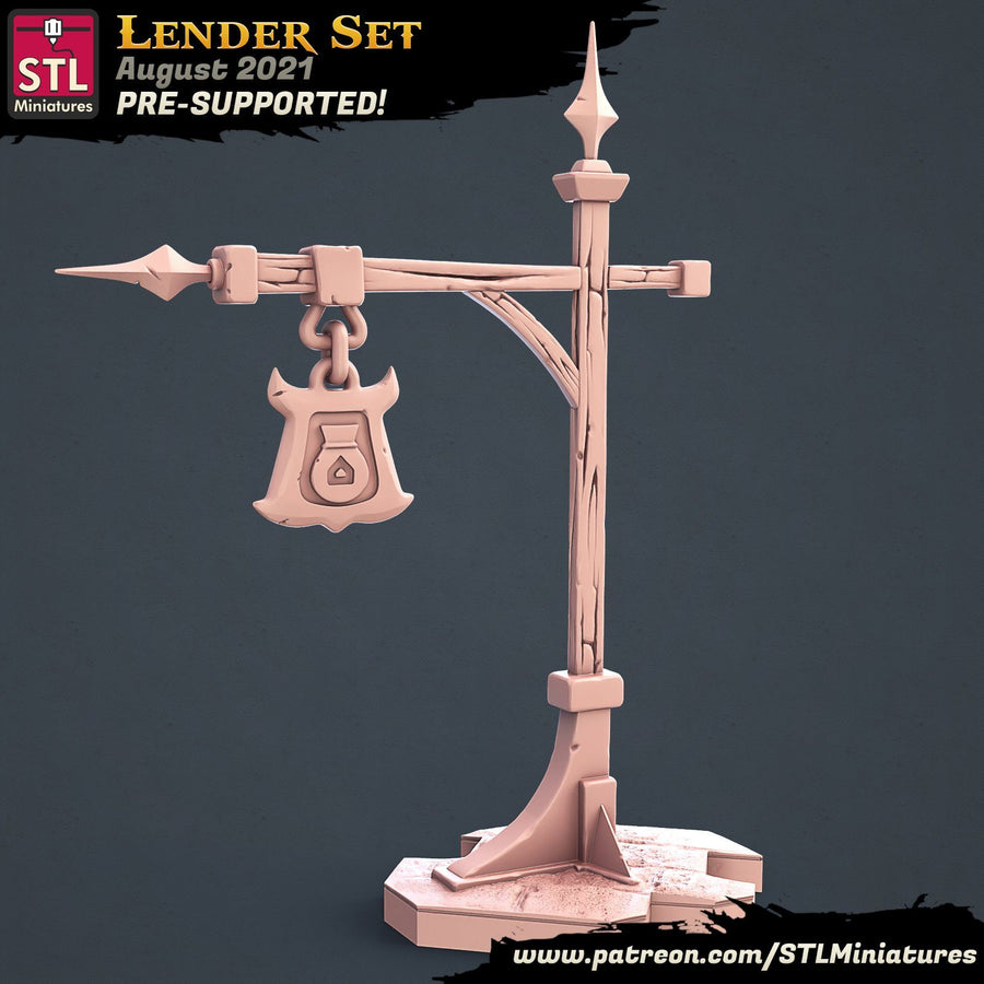 Lenders Sign Post STL Miniatures D&D TABLETOP GAMING MINIATURES Border3d 